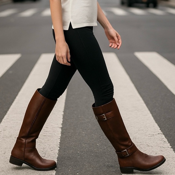 Baretraps Carmen Vegan Brown Riding Boots Women’s 7 Knee-High Buckle Boots NWB - Picture 1 of 8